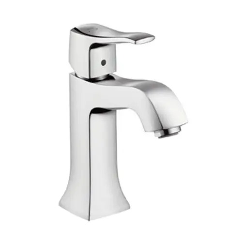 Waschtischmischer von Hansgrohe mit einem Hebel. Aus chromfarbenem Material, mit einem modern gehaltenen Design und ohne Ablaufgarnitur.